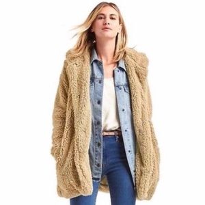 GAP faux fur fuzzy teddy tan hooded coat jacket EUC S